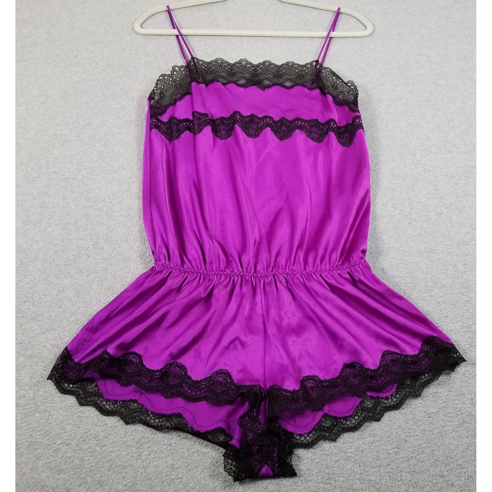 Victoria's Secret Romper Womens Medium M Purple Black Lace Trim Satin Lingerie